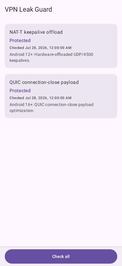 VPN Leak Guard overview showing protected NAT-T keepalive offload and QUIC connection-close payload checks.