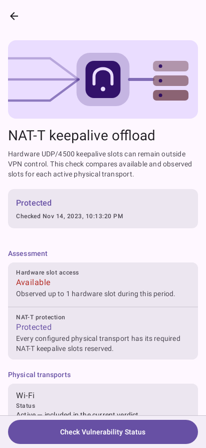 VPN Leak Guard NAT-T keepalive detail screen showing a protected result.