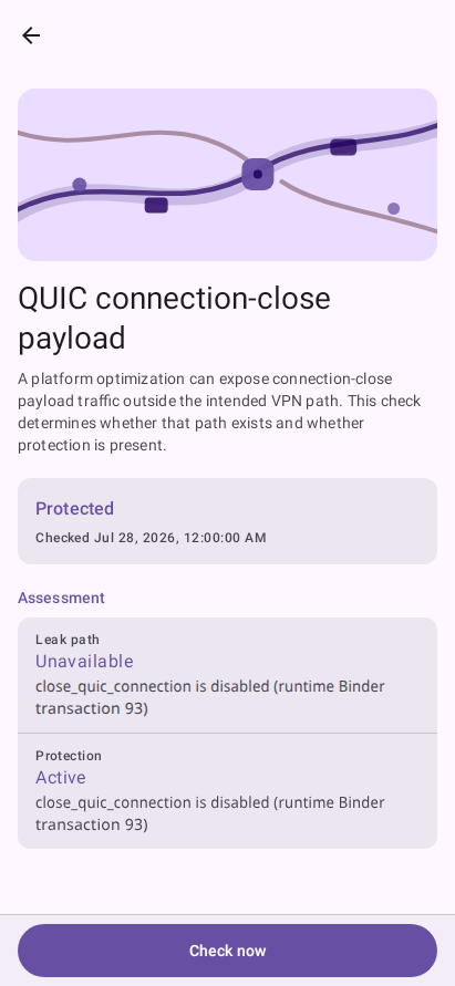 VPN Leak Guard QUIC connection-close payload detail screen showing a protected result.