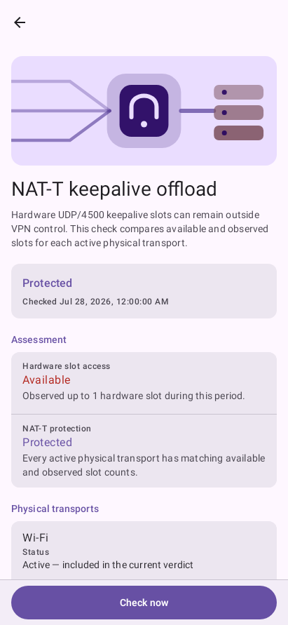 VPN Leak Guard NAT-T keepalive detail screen showing a protected result.