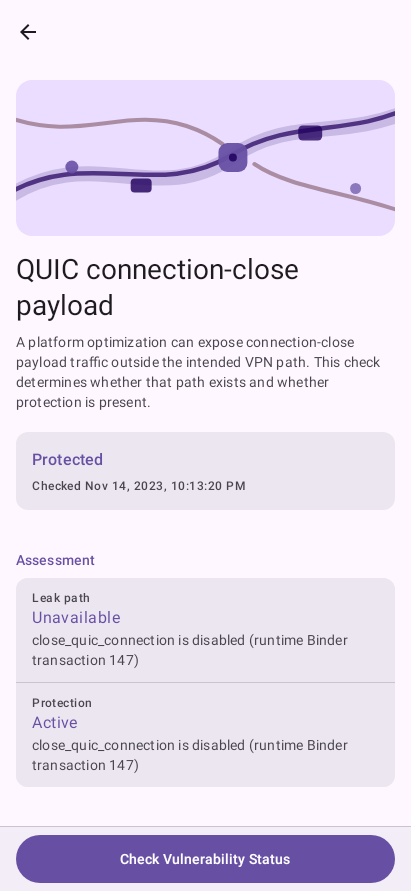 VPN Leak Guard QUIC connection-close payload detail screen showing a protected result.