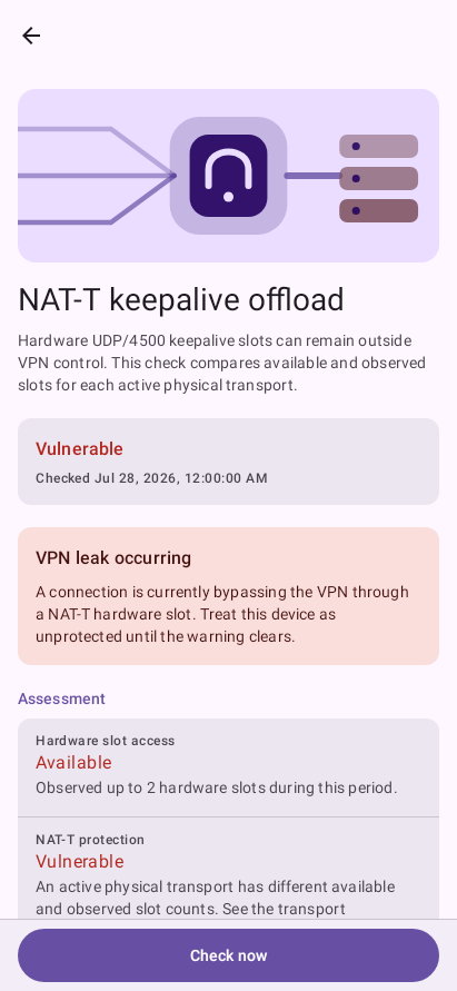 VPN Leak Guard NAT-T keepalive detail screen warning that a connection is actively bypassing the VPN.