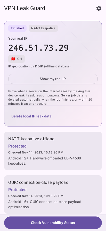 VPN Leak Guard overview showing a completed Swiss IPv4 result with protected NAT-T and QUIC checks.
