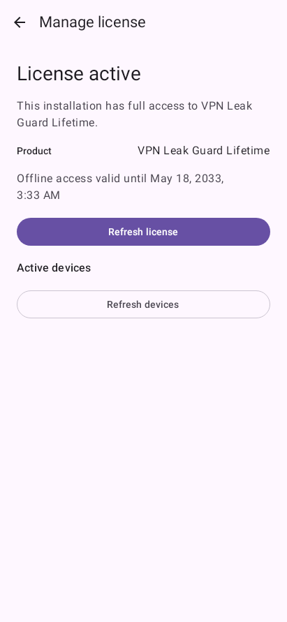 VPN Leak Guard license screen showing an active lifetime license.