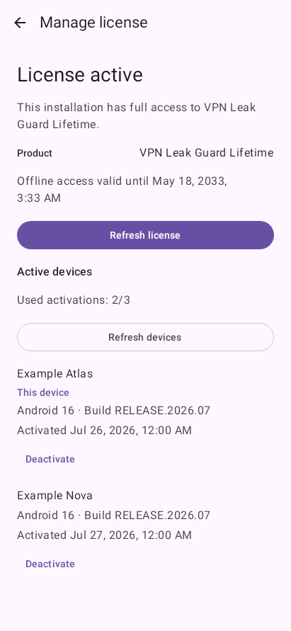 VPN Leak Guard license management screen showing an active lifetime license.