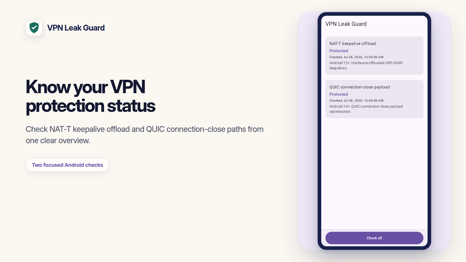 VPN Leak Guard feature card showing the overview with protected NAT-T keepalive and QUIC connection-close checks.
