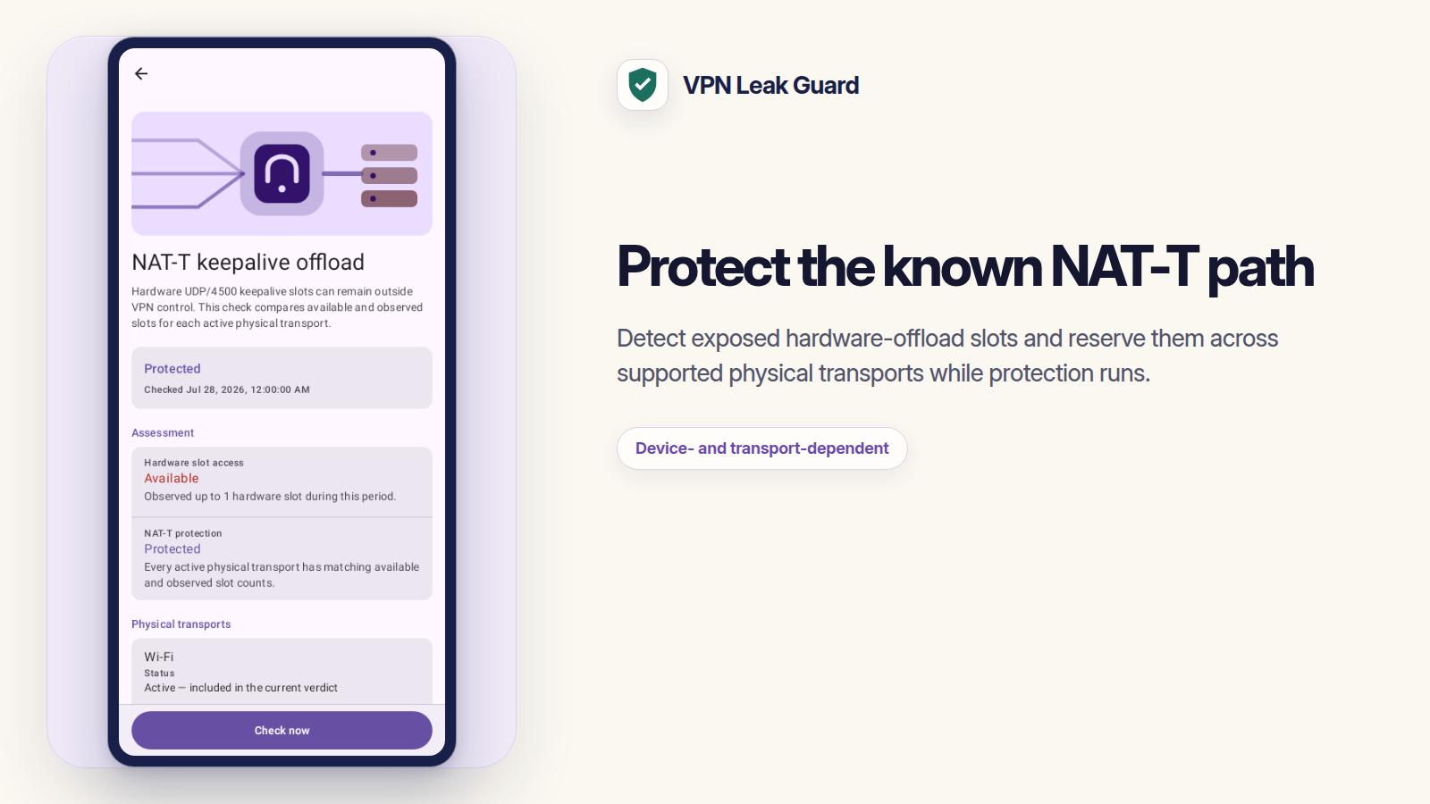 VPN Leak Guard feature card explaining protection of the known NAT-T path across supported physical transports while protection runs.