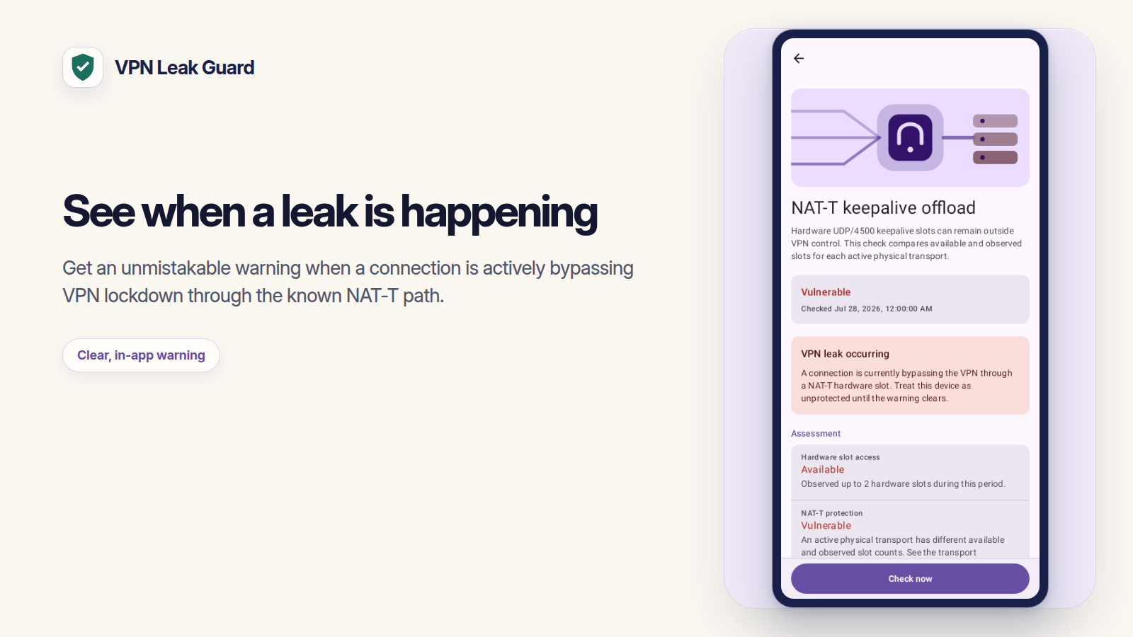VPN Leak Guard feature card showing an active warning when a connection bypasses VPN lockdown through the known NAT-T path.