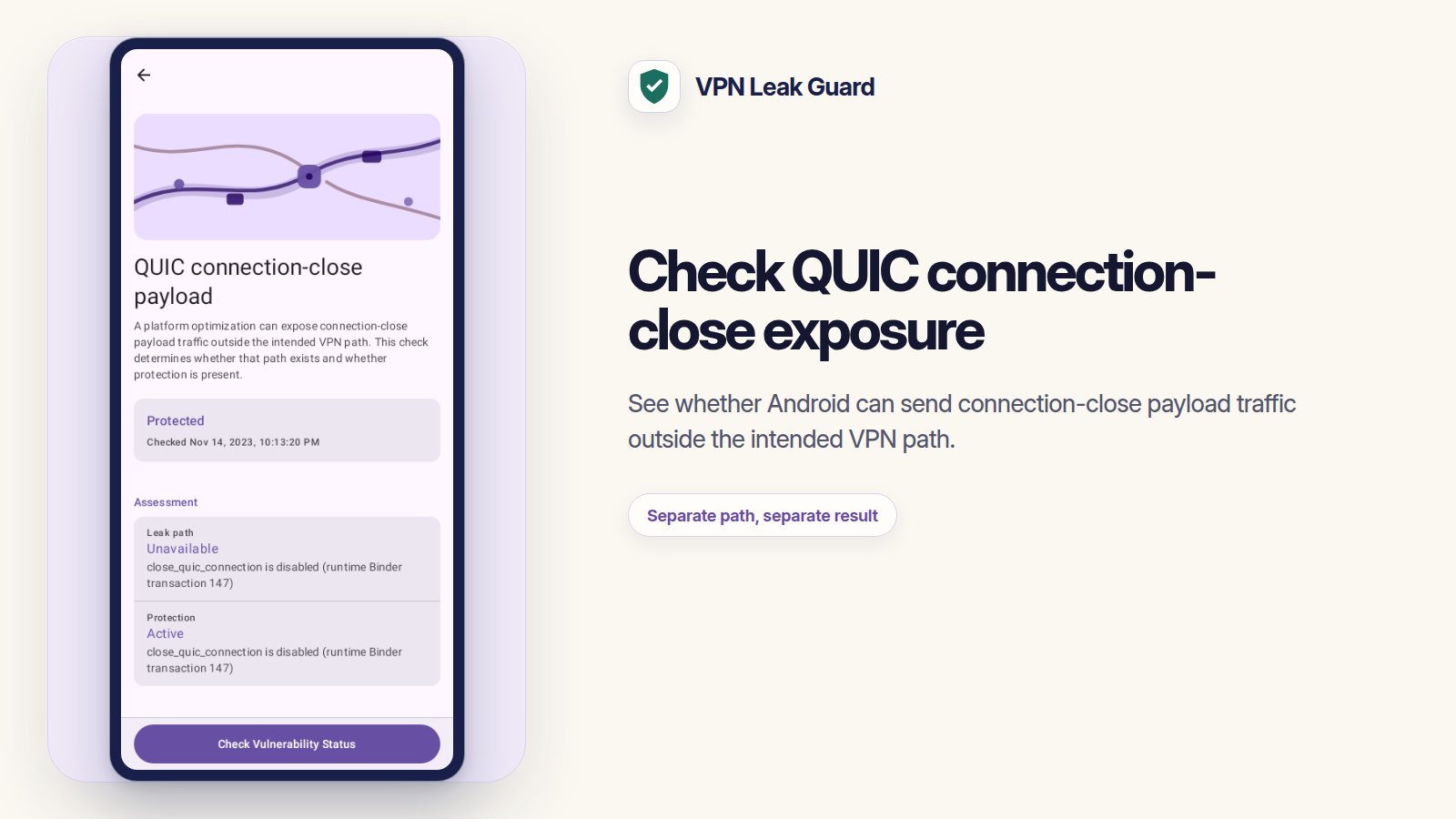 VPN Leak Guard feature card explaining the QUIC connection-close payload exposure check.