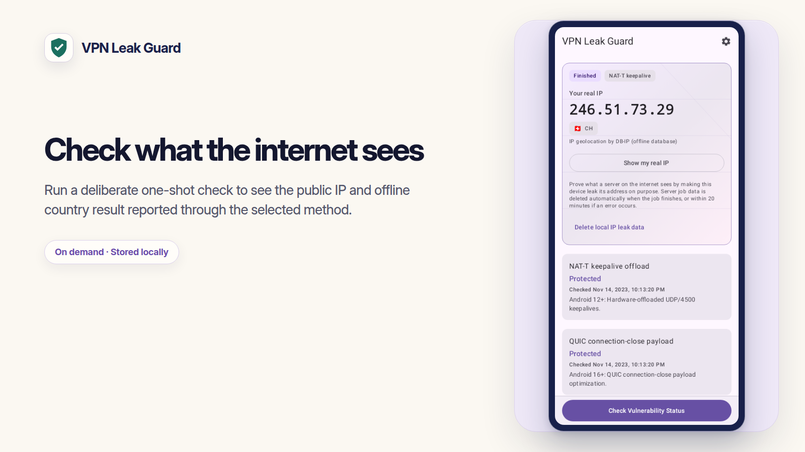 VPN Leak Guard feature card showing a completed one-shot Real IP and offline country result.