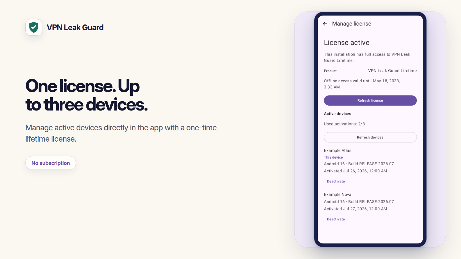 VPN Leak Guard feature card showing lifetime-license management for up to three active devices.