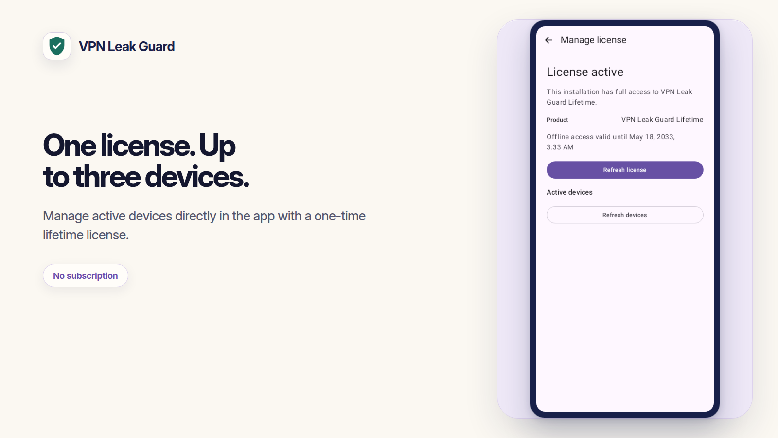 VPN Leak Guard feature card explaining a lifetime license for up to three active devices.